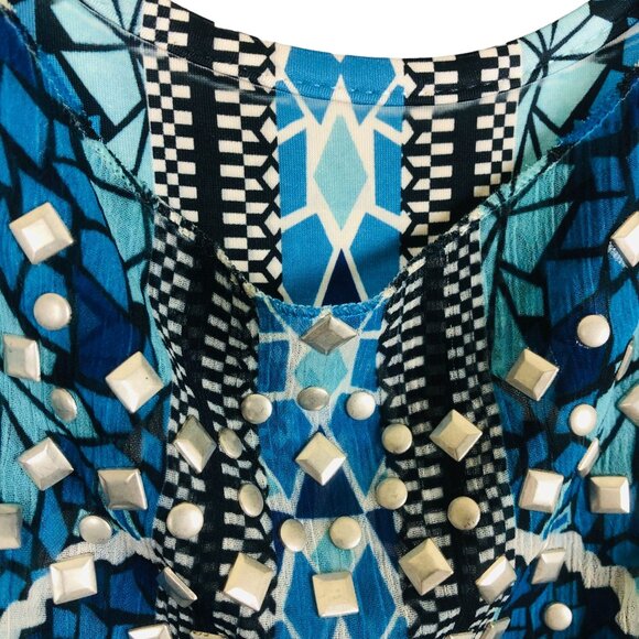 New Style Co Sleeveless Maxi Dress Sz Medium Blue Mandala Print Studded Detail - Picture 5 of 12